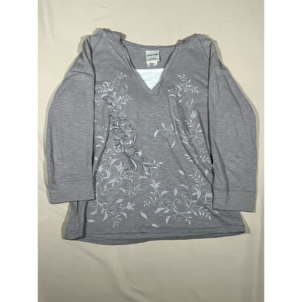 Decorated Originals Womens Gray Floral Slub Cotton Hooded V-Neck Top Medium Y2K